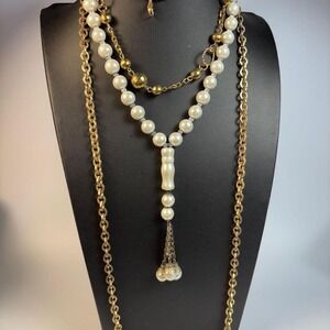 Necklace Lot Pearl Gold Tone Extra Long Glam Very Maximalist